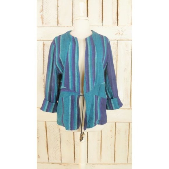 Blue striped woven cotton vintage boho blazer jacket/Cheppu Nepal cover up - Picture 4 of 4